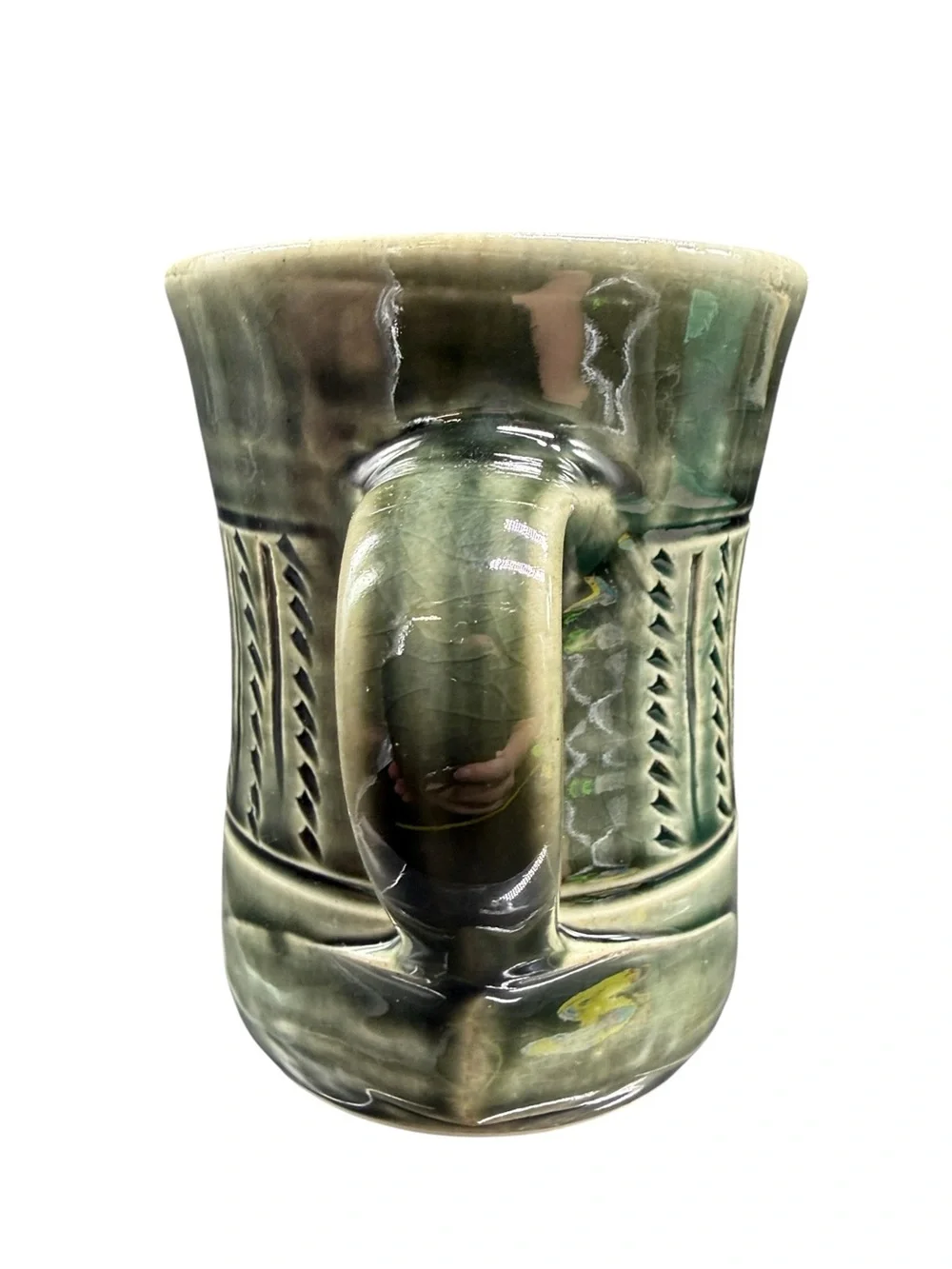 Studio Pottery Mug Green Drip Glaze Stoneware Coffee Cup Signed DTP J